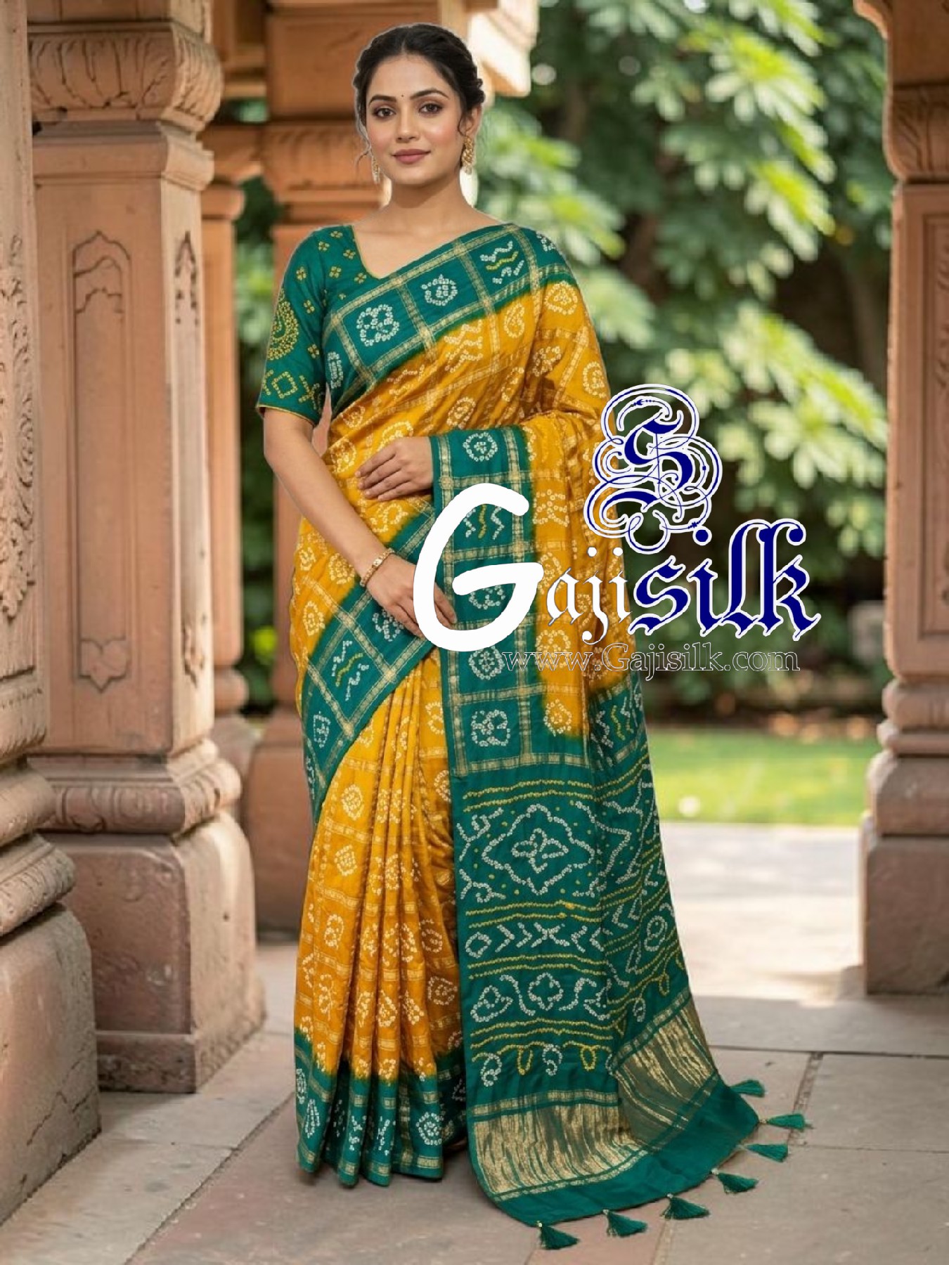 Rama Mustard Gharchola Bandhani Saree Pure Gaji Silk