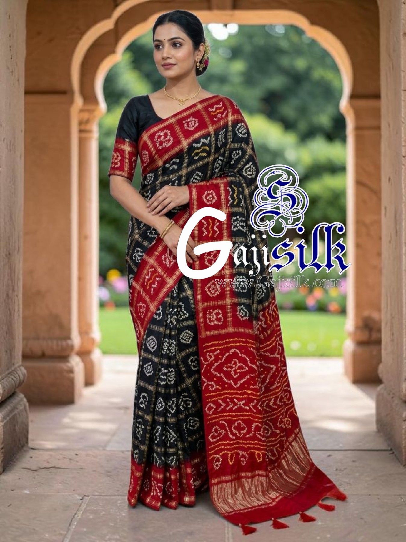 Red Black Gharchola Bandhani Saree Pure Gaji Silk