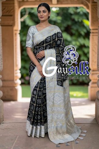Silver Black Gharchola Bandhani Saree Pure Gaji Silk