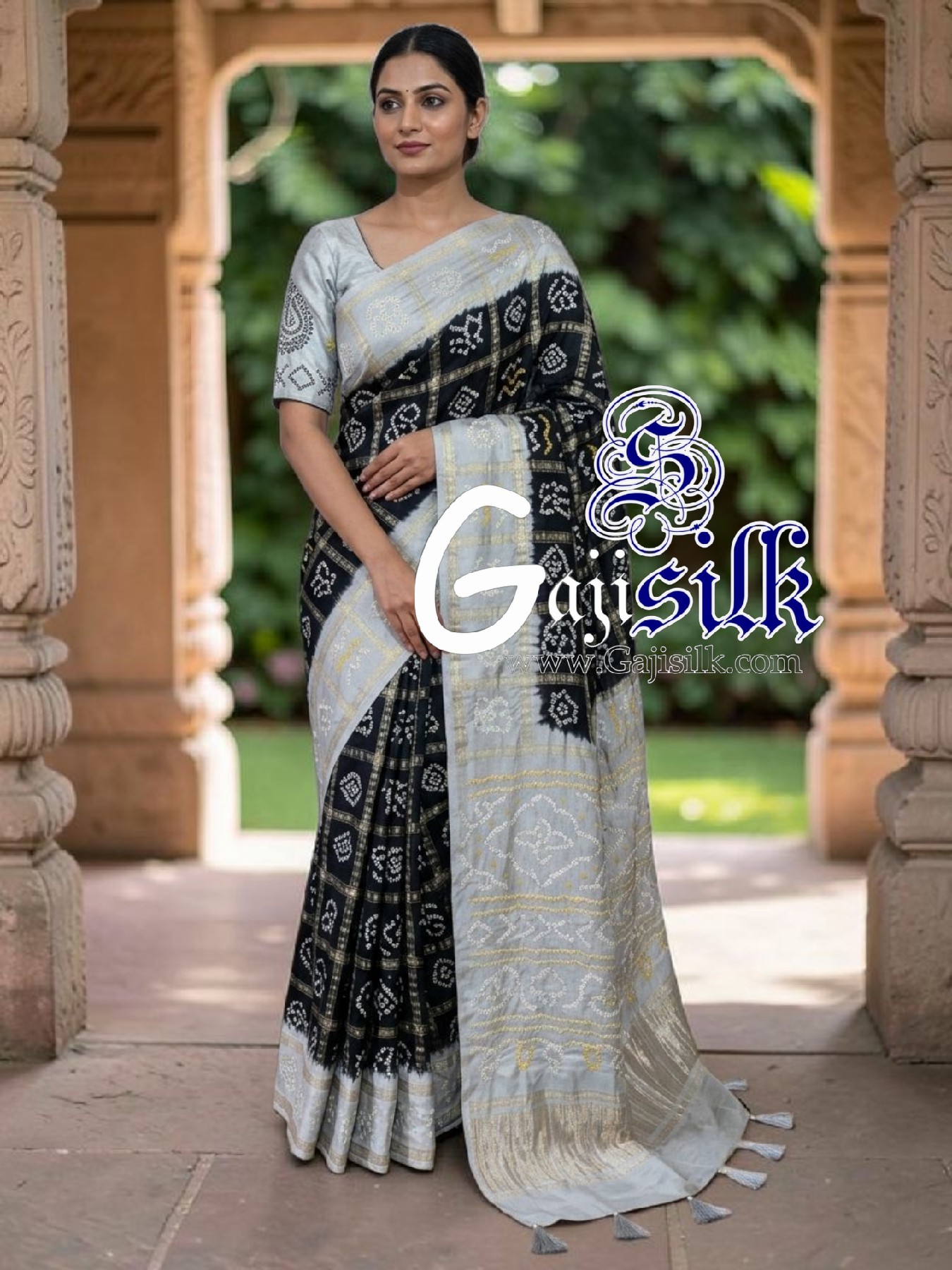 Silver Black Gharchola Bandhani Saree Pure Gaji Silk