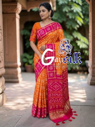 Pink Orange Gharchola Bandhani Saree Pure Gaji Silk