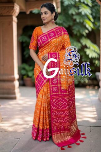 Pink Orange Gharchola Bandhani Saree Pure Gaji Silk