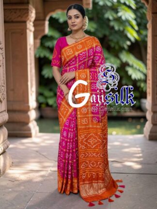 Orange Pink Gharchola Bandhani Saree Pure Gaji Silk