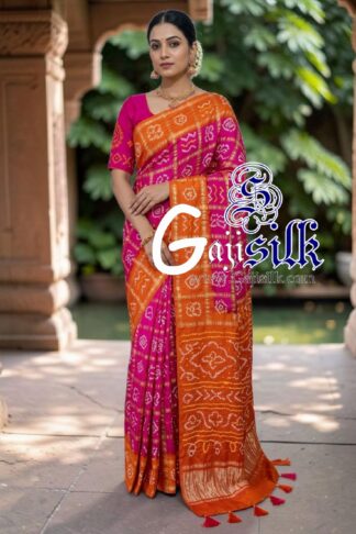 Orange Pink Gharchola Bandhani Saree Pure Gaji Silk