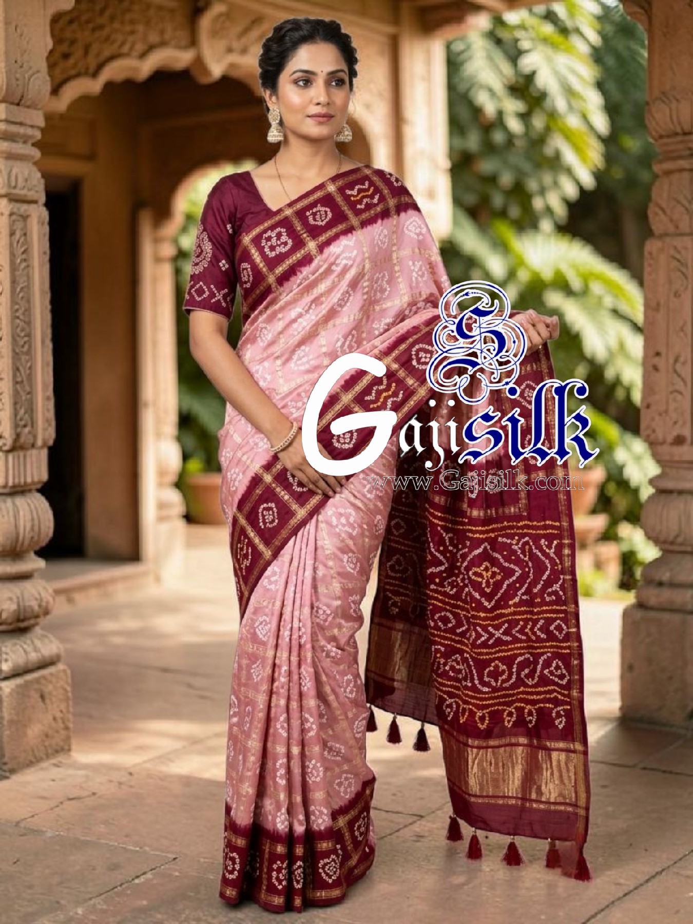 Berry Blush Pink Gharchola Bandhani Saree Pure Gaji Silk