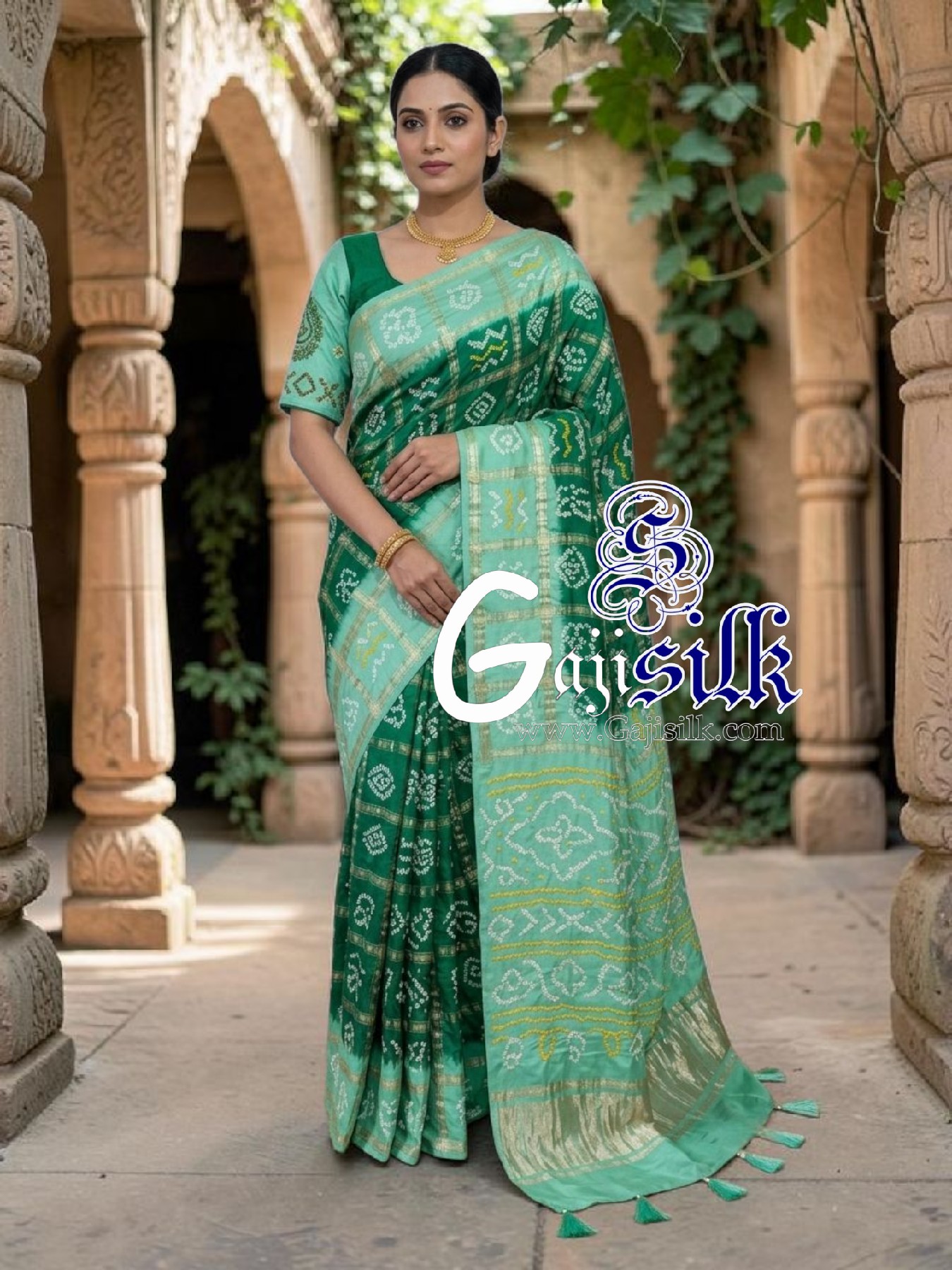 Mint Green Emerald Gharchola Bandhani Saree Pure Gaji Silk