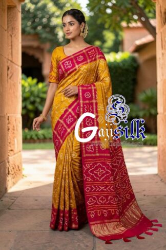 Rani Mustard Yellow Gharchola Bandhani Saree Pure Gaji Silk