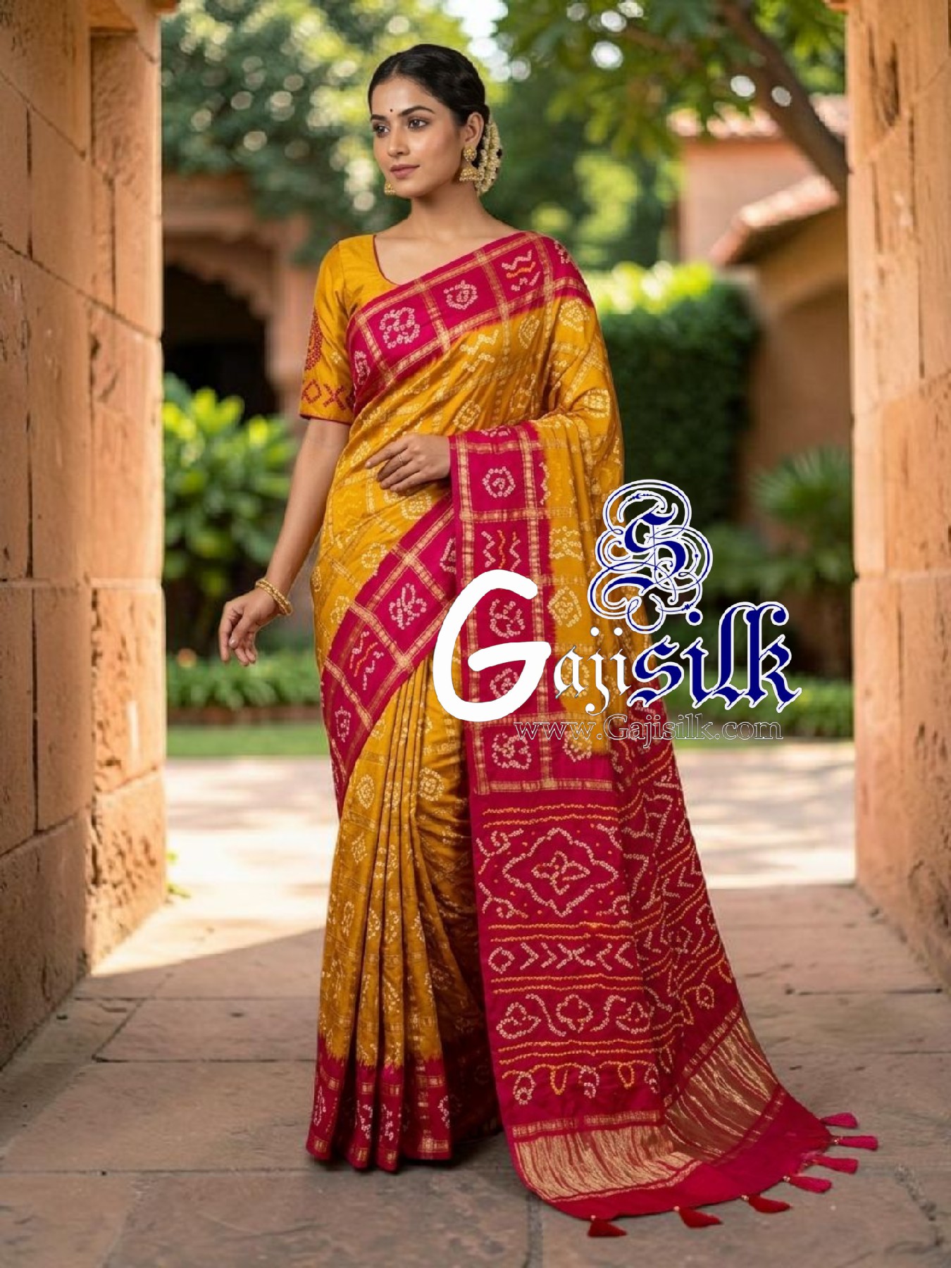 Rani Mustard Yellow Gharchola Bandhani Saree Pure Gaji Silk