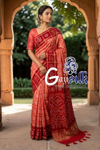 Crimson Red Coral Gharchola Bandhani Saree Pure Gaji Silk