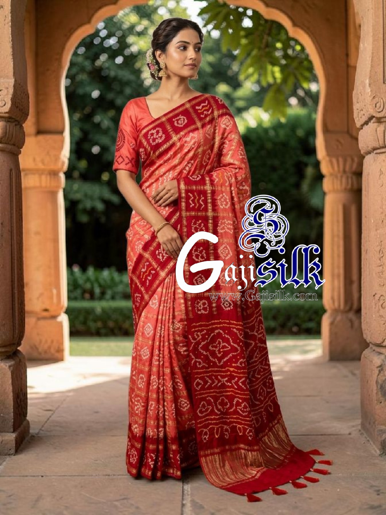Crimson Red Coral Gharchola Bandhani Saree Pure Gaji Silk