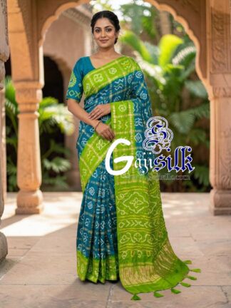 Lime Green Turquoise Gharchola Bandhani Saree Pure Gaji Silk