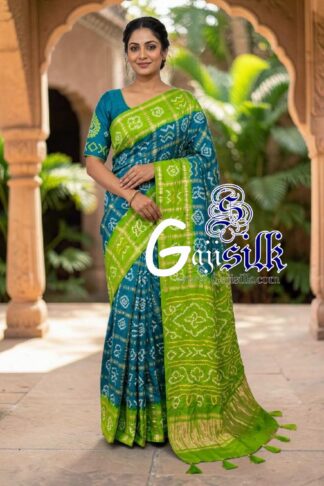 Lime Green Turquoise Gharchola Bandhani Saree Pure Gaji Silk