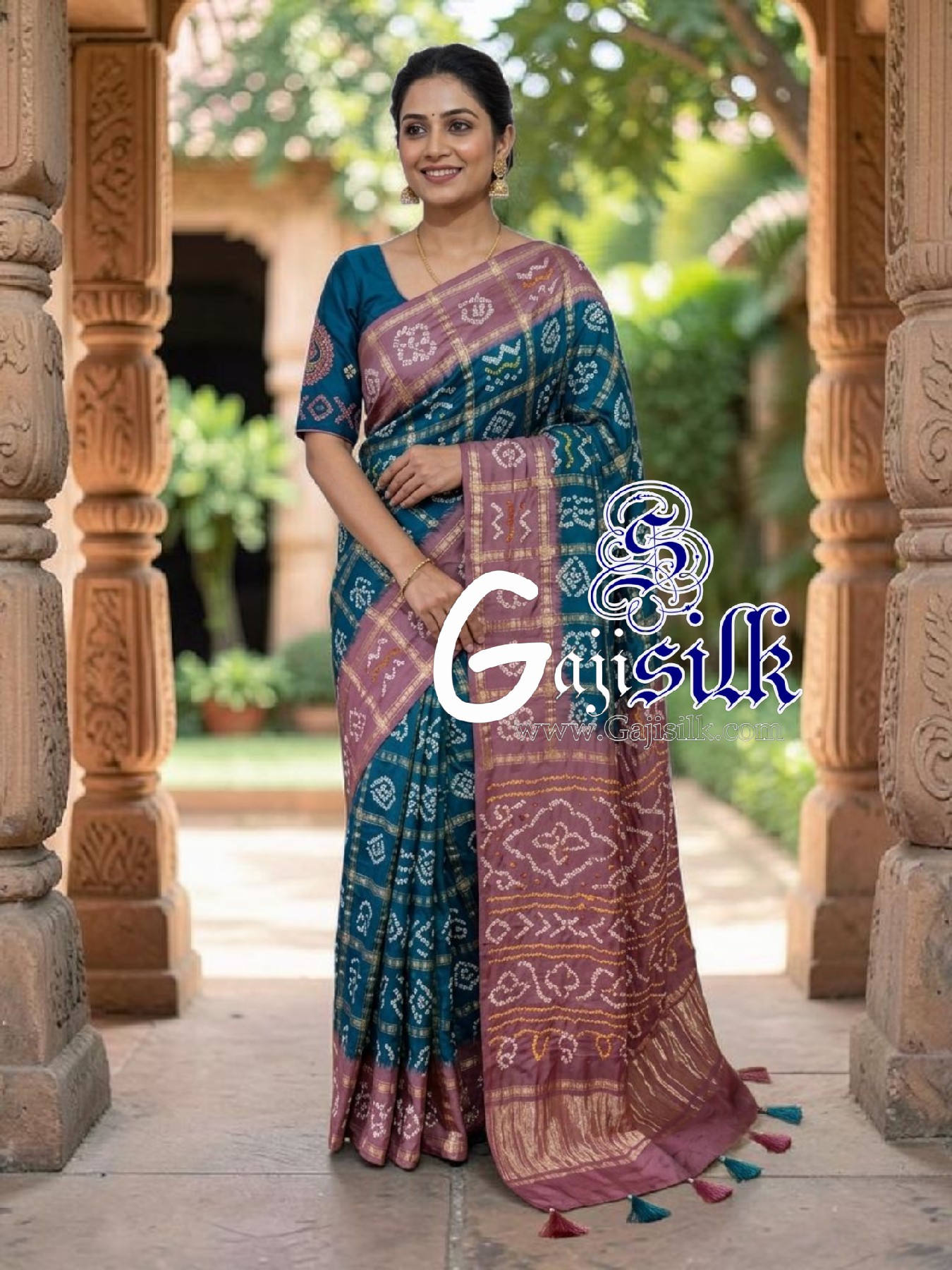 Mauve Teal Blue Gharchola Bandhani Saree Pure Gaji Silk