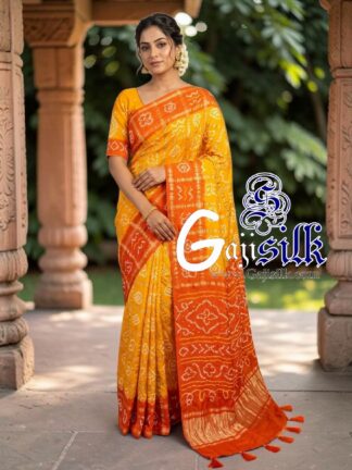 Orange Mango Yellow Gharchola Bandhani Saree Pure Gaji Silk
