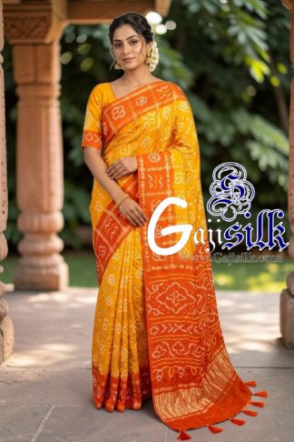 Orange Mango Yellow Gharchola Bandhani Saree Pure Gaji Silk