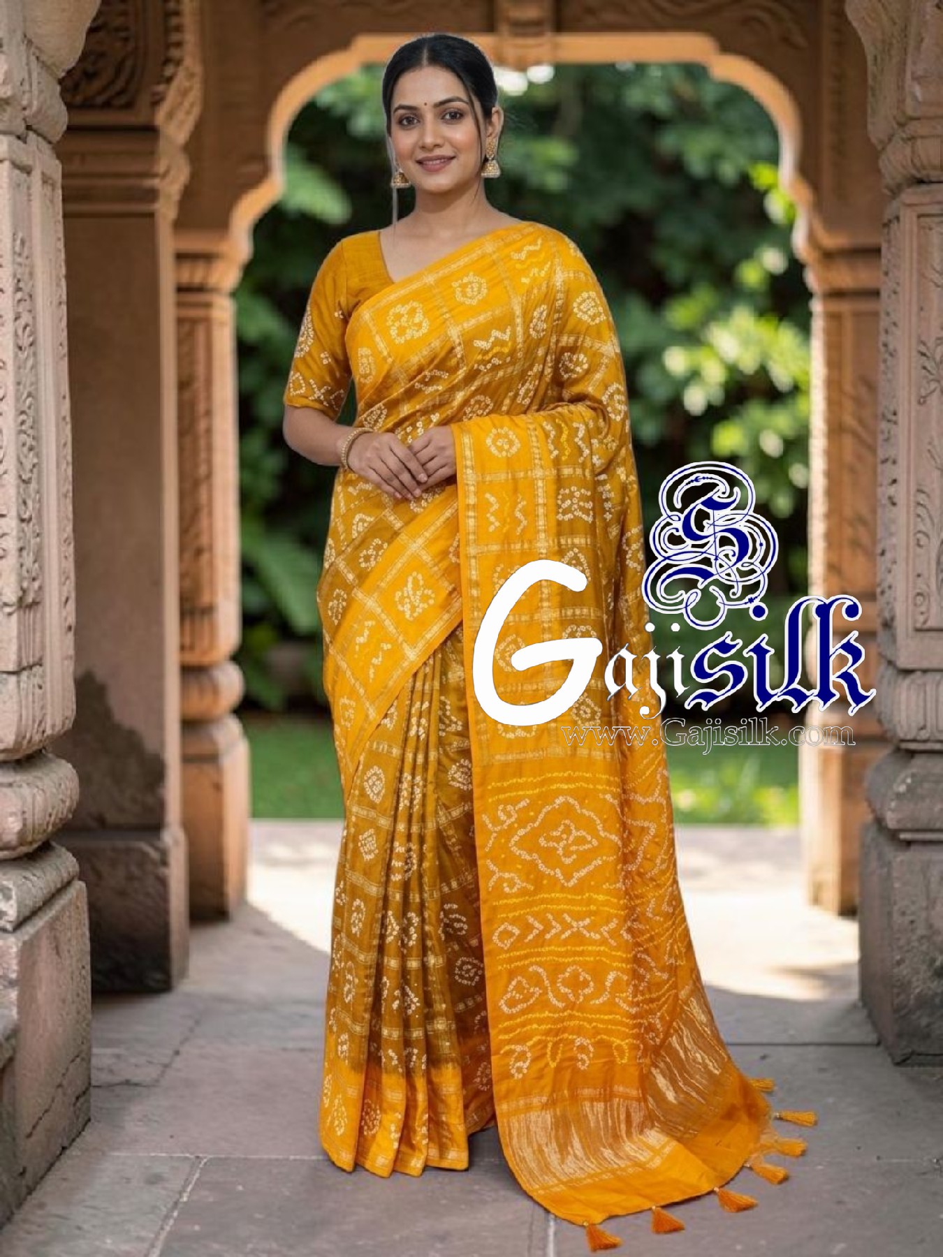Mango Mustered Gharchola Bandhani Saree Pure Gaji Silk