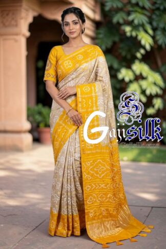 Yellow Light Sand Gharchola Bandhani Saree Pure Gaji Silk