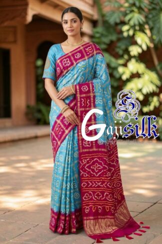 Rani Sky Gharchola Bandhani Saree Pure Gaji Silk