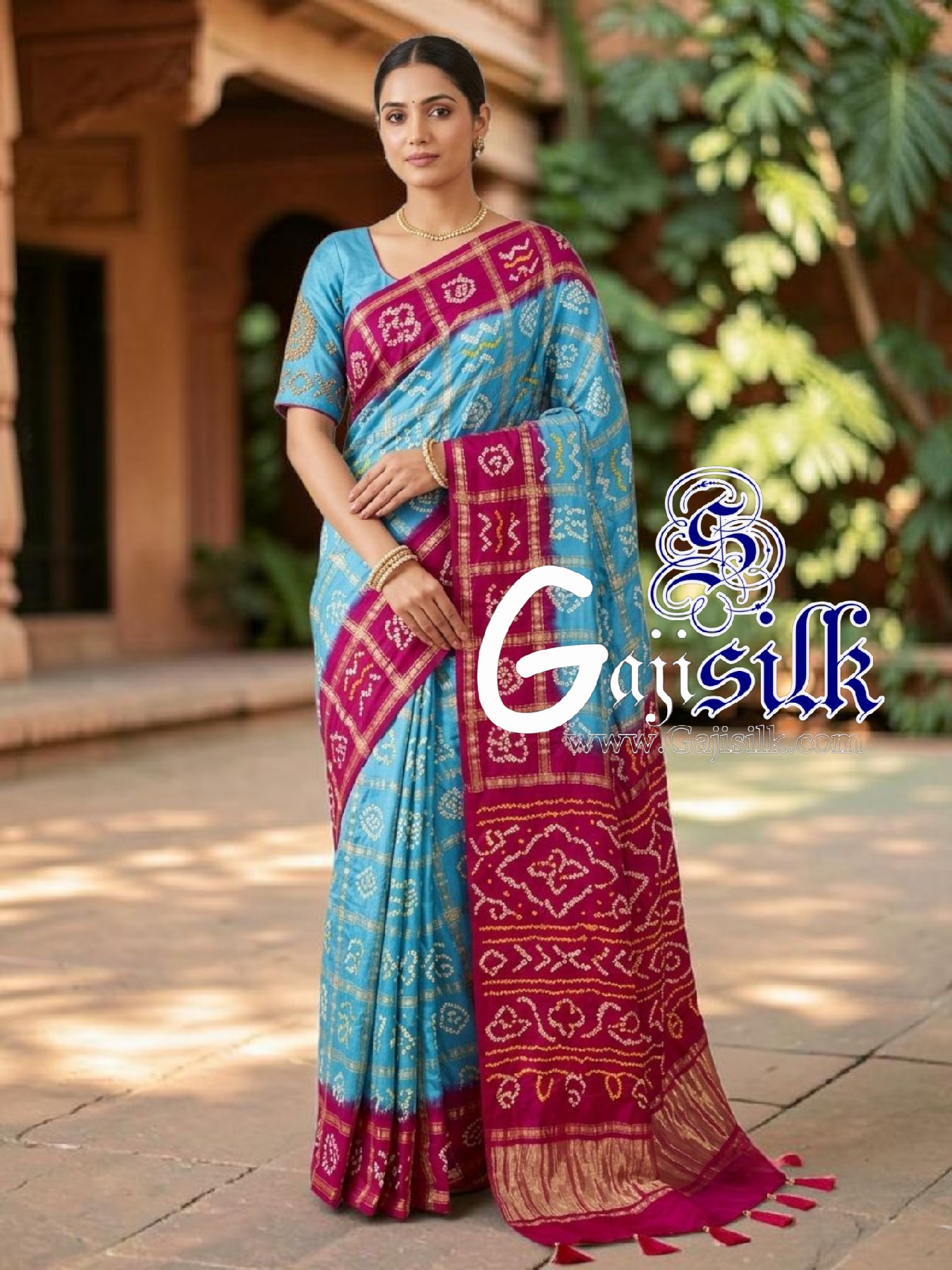 Rani Sky Gharchola Bandhani Saree Pure Gaji Silk