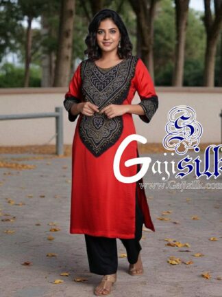 Red Black Abha Bandhani Pure Gaji Silk Dress Material