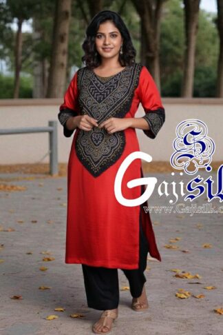 Red Black Abha Bandhani Pure Gaji Silk Dress Material