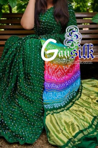 Green Multi Color Saree Rai Bandhani Pure GajiSilk