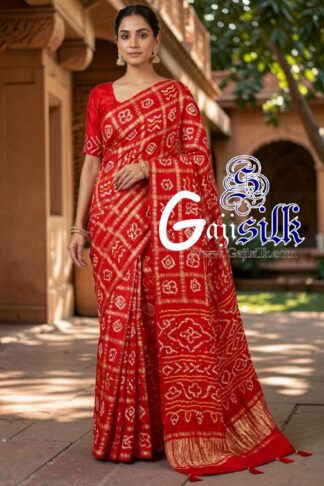 Fire Red Gharchola Bandhani Saree Pure Gaji Silk