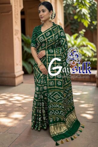 Bottle Green Gharchola Bandhani Saree Pure Gaji Silk