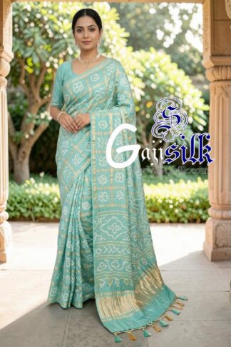 Pastel Rama Gharchola Bandhani Saree Pure Gaji Silk