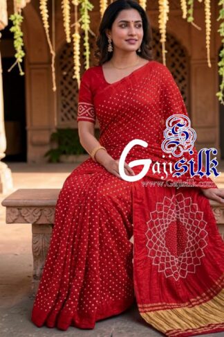 Red Makdi Bandhani Saree GajiSilk Lagdi Palav