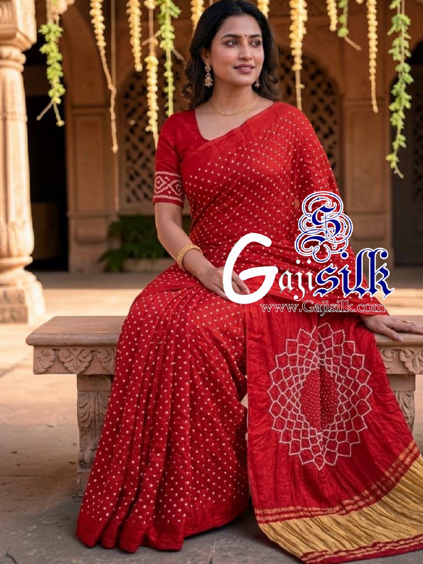 Red Makdi Bandhani Saree GajiSilk Lagdi Palav