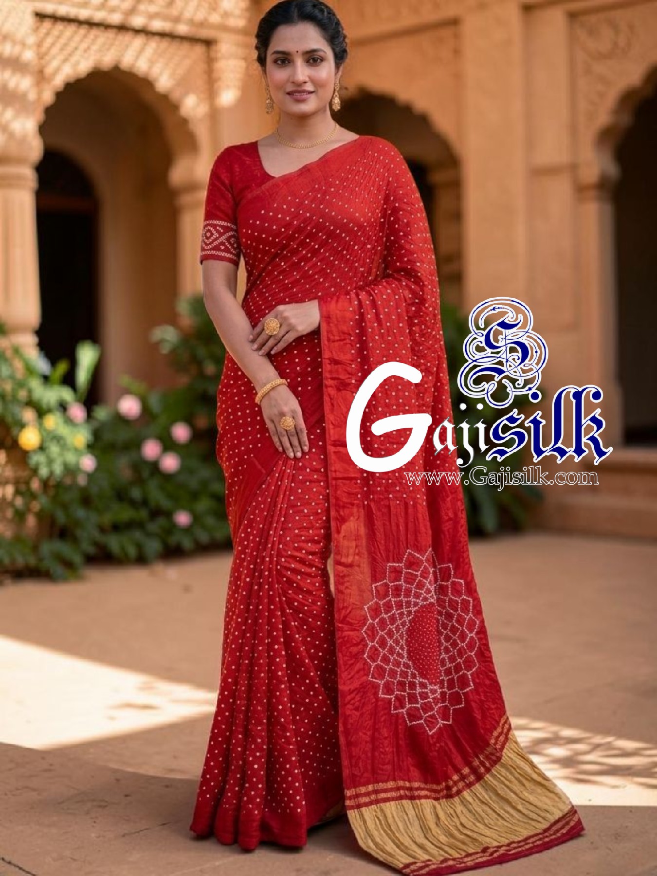 Red Makdi Bandhani Saree GajiSilk Lagdi Palav - Image 2