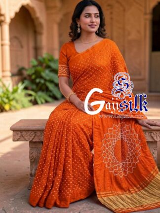 Orange Makdi Bandhani Saree GajiSilk Lagdi Palav
