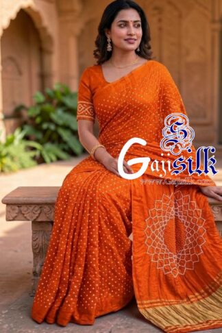 Orange Makdi Bandhani Saree GajiSilk Lagdi Palav