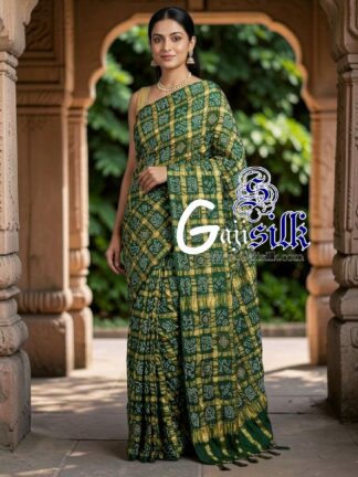 Green Pure Kala Cotton Gharchola Rai Bandhani Saree with Golden Tested Zari