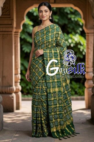 Green Pure Kala Cotton Gharchola Rai Bandhani Saree with Golden Tested Zari