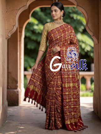 Love Red Pure Kala Cotton Gharchola Rai Bandhani Saree with Golden Tested Zari