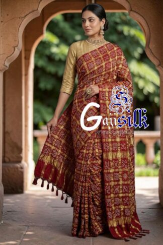Love Red Pure Kala Cotton Gharchola Rai Bandhani Saree with Golden Tested Zari