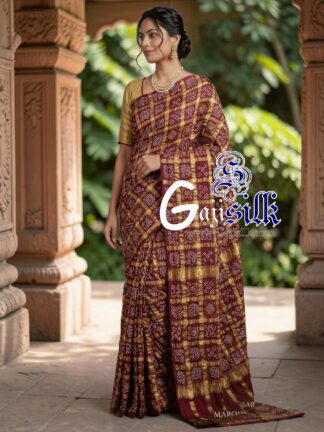 Marron Pure Kala Cotton Gharchola Rai Bandhani Saree with Golden Tested Zari