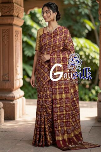 Marron Pure Kala Cotton Gharchola Rai Bandhani Saree with Golden Tested Zari