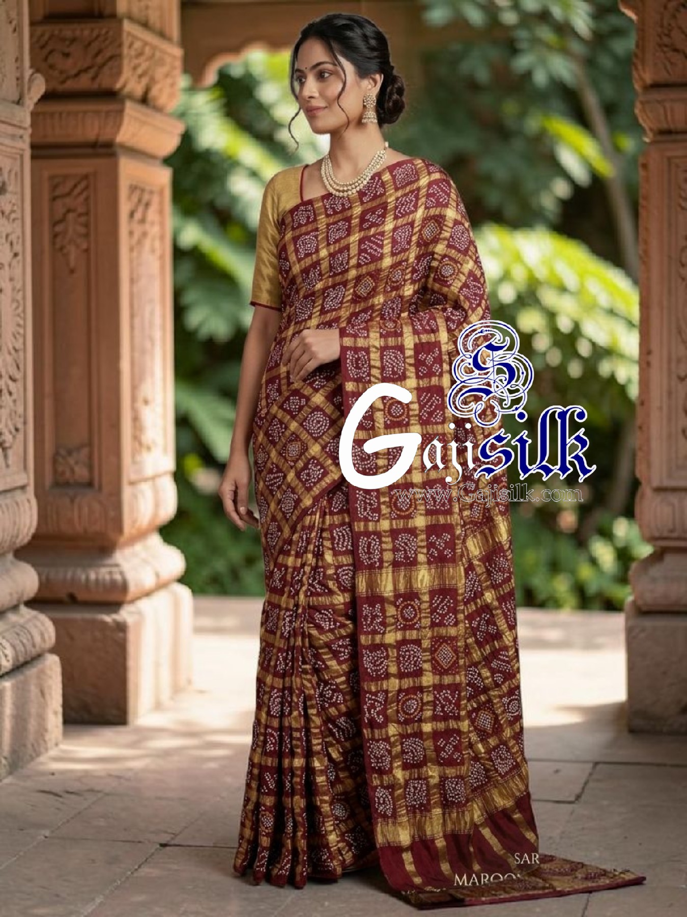 Marron Pure Kala Cotton Gharchola Rai Bandhani Saree with Golden Tested Zari