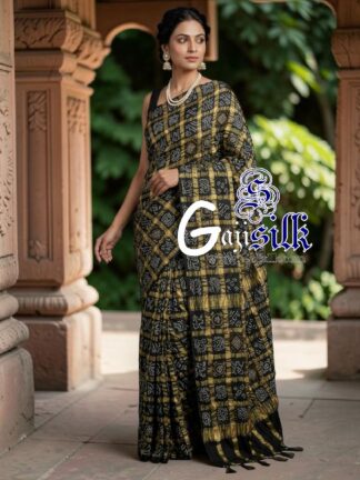 Black Pure Kala Cotton Gharchola Rai Bandhani Saree with Golden Tested Zari