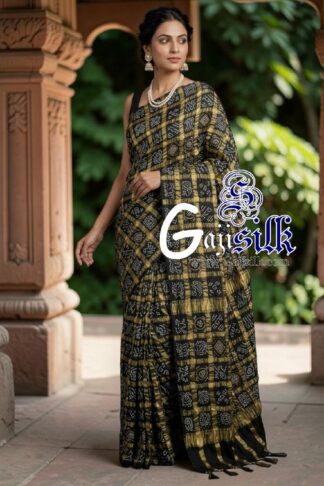 Black Pure Kala Cotton Gharchola Rai Bandhani Saree with Golden Tested Zari