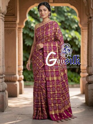Bright Magenta Pure Kala Cotton Gharchola Rai Bandhani Saree with Golden Tested Zari
