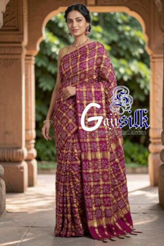 Bright Magenta Pure Kala Cotton Gharchola Rai Bandhani Saree with Golden Tested Zari