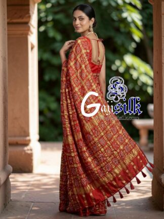 Tomato Red Pure Kala Cotton Gharchola Rai Bandhani Saree with Golden Tested Zari