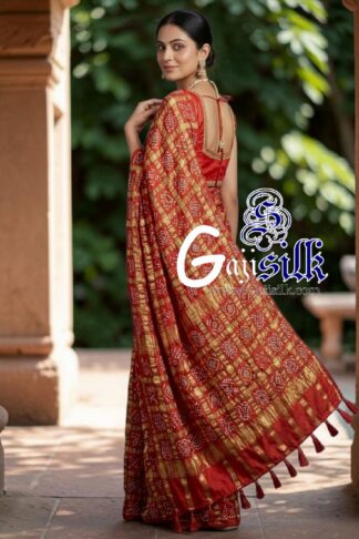 Tomato Red Pure Kala Cotton Gharchola Rai Bandhani Saree with Golden Tested Zari
