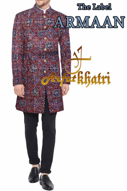 Blue Ajrak Designer Sherwani For Mens