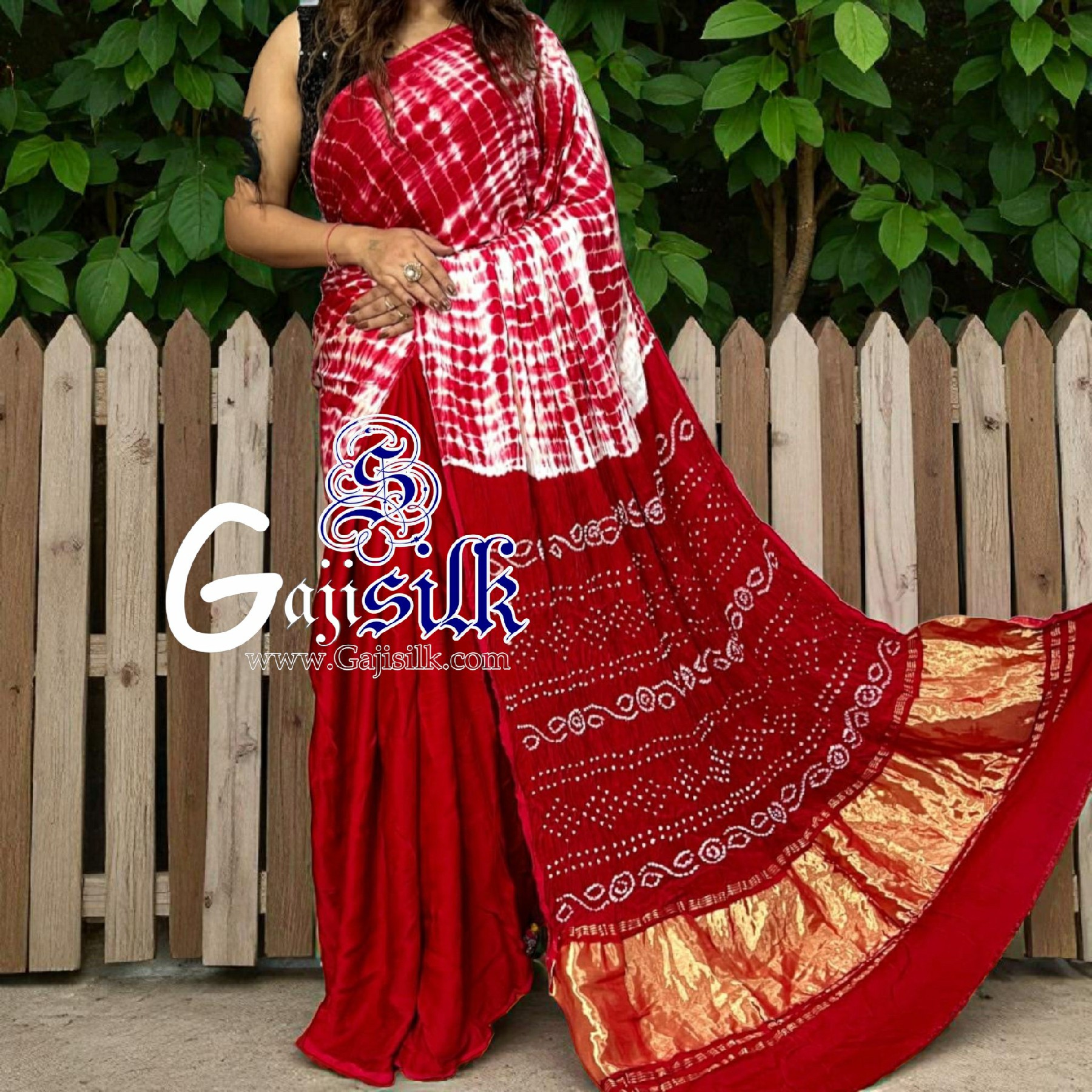 Red Bandhani Shibori Saree Handmade Gaji Silk