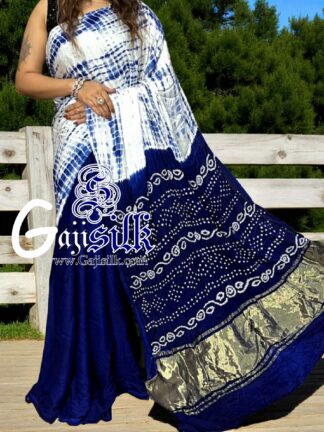 Blue Bandhani Shibori Saree Handmade Gaji Silk